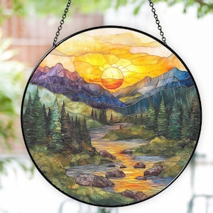 Mountain Range Stained Glass Suncatcher, Nature Suncatcher For Window Hanging, Grandma Window Decor, Mothers Day Suncatcher, Gifts For Mom