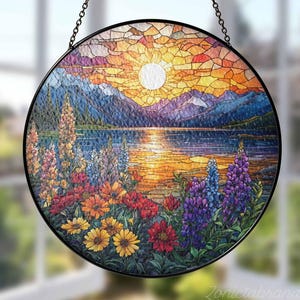 Mountain and Sunset Stained Glass Suncatcher, Nature Suncatcher For Window Hanging, Wildflowers Stained Glass Decor, Nature Lovers Gift