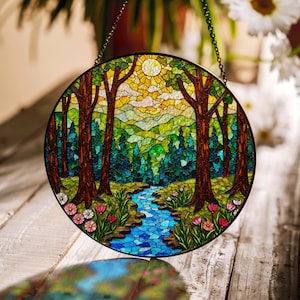 Forest Stained Glass Suncatcher Nature Window Hanging Gift for Nature Lovers