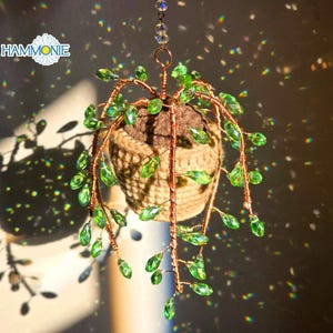 Suncatcher Plant Window Hanging, Crochet Crystal String of Pearls Plant Hanging Decor, Beaded Plant Suncatcher, Plant Lover Gift