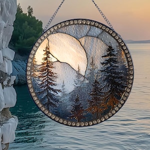 Moonlit Forest Glass Suncatcher, Mountain Pine Tree Window Hanging, Rustic Nature Decor, Cabin Gift for Outdoors Lover, Cabin Ornament
