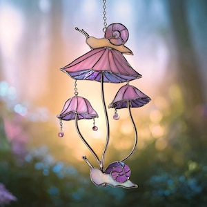 Mushroom Snail Stained Glass Suncatcher: Pink Window Decor