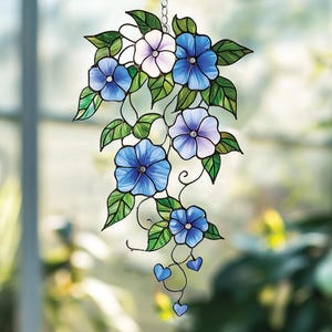 Morning Glory Vine Acrylic Suncatcher – Faux Stained Glass Window Hanging with Blue and Purple Flowers, Botanical Garden-Inspired Decor