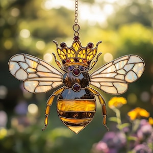 Queen Bee Acrylic Suncatcher, Golden Crown Window Hanging Decor, Elegant Personalized Gift For Her, Nature Inspired Home Decoration
