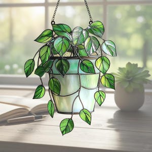 Acrylic Suncatcher Potted Plant, Green Faux Stained Glass Window Decor, Botanical Wall Art Hanging