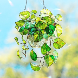 Green Plant Light Catcher, Glass Inspired Acrylic Window Suncatcher, Handmade Plant Themed Decor for Garden, Patio, Gift for Plant Lovers