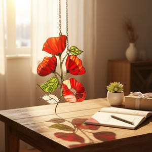 Handmade Resin Poppy Window Suncatcher, Botanical Art Glass Look Decor, Colorful Floral Panel For Home, Unique Gift Idea